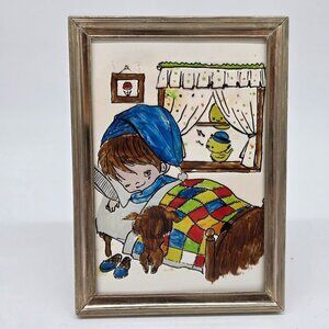 Vintage Framed Reversed Painted Glaess Child in Bed With Dog Window & Birds 5x7
